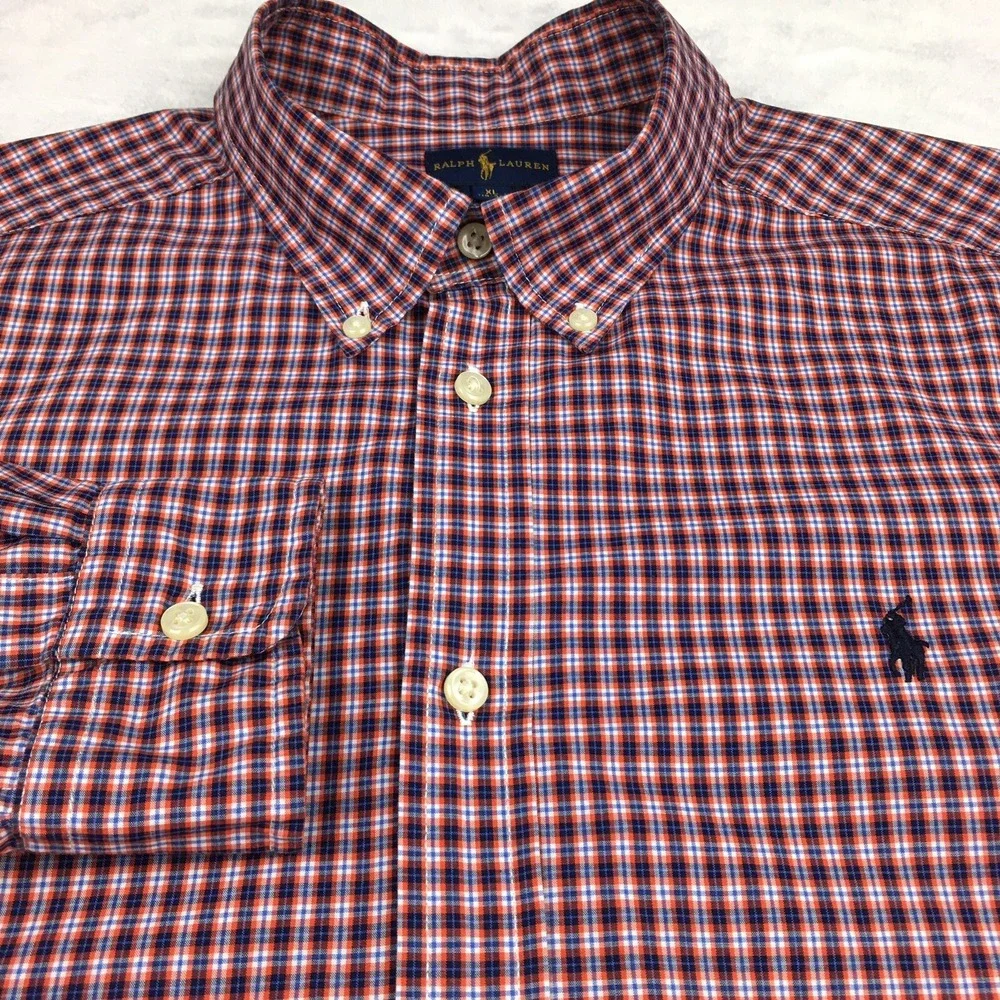 Ralph Lauren‎ Shirt Boys XL (18-20) Burgundy Micro-Plaid Blue Pony